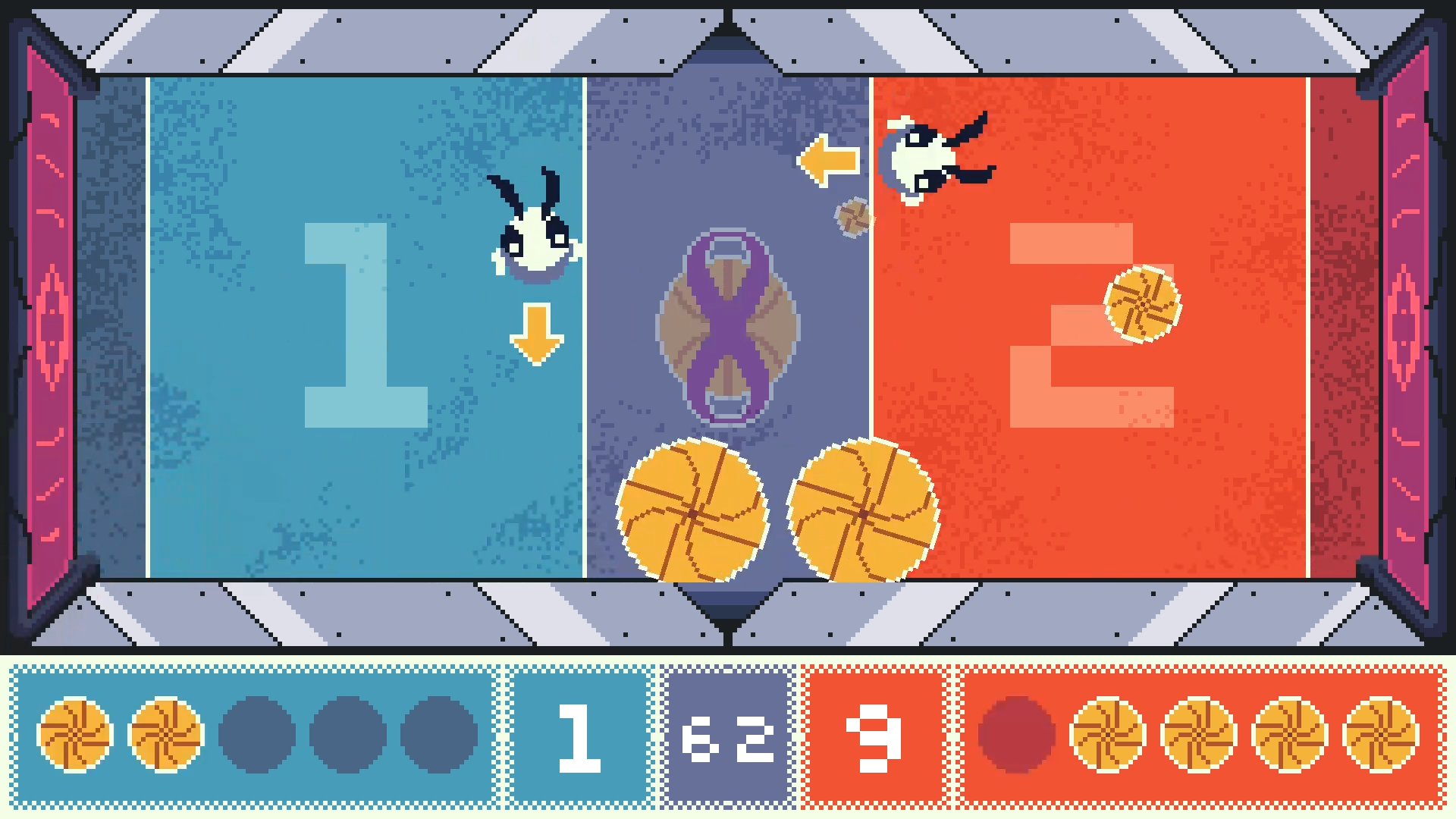 Two moths weaving across a Mothball court. There are two portals on opposite sides of the arena. They are throwing spinning dodgeballs at each other.